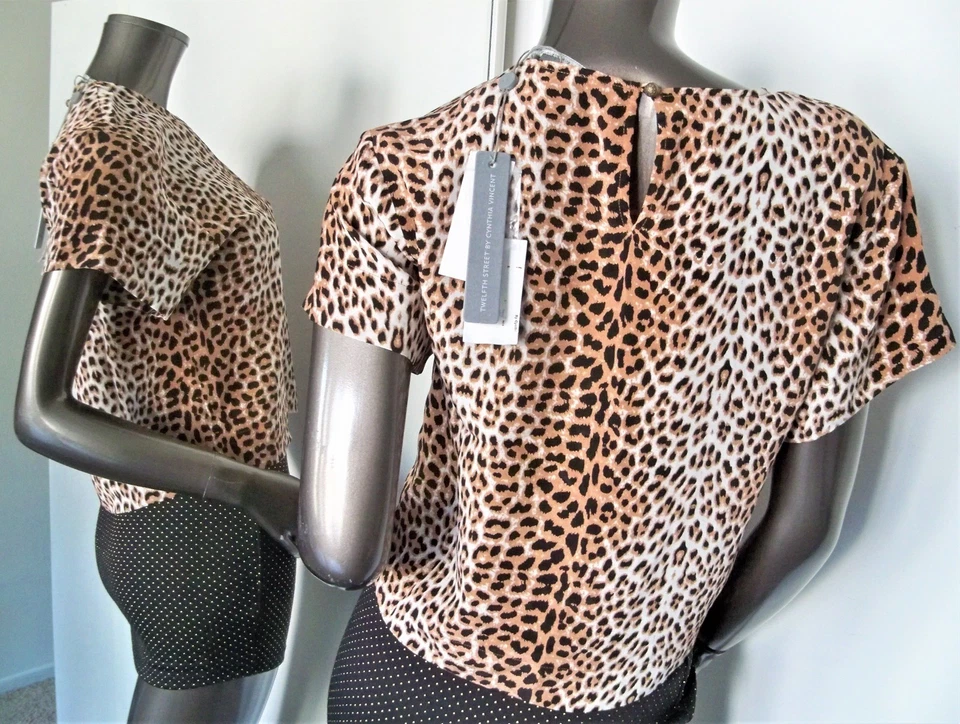 NWT-TWELFTH STREET BY CYNTHIA VINCENT SILK LEOPARD S/S BLOUSE SZ-XS/P MSP$195 - Imagem 3 de 4