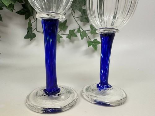 Art Glass Blown Tulip Stemmed Cobalt Blue & Crystal Clear Votive holders SIGNED - Picture 5 of 11