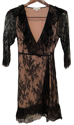 Francescas Womens Black and Nude Wrap Lace V Neck Dress Size Medium | eBay