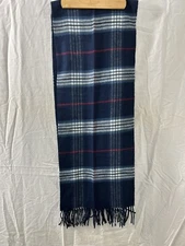 Vintage Field Manor Cashmink Scarf Blue White Red Plaid Fringe Made in Germany