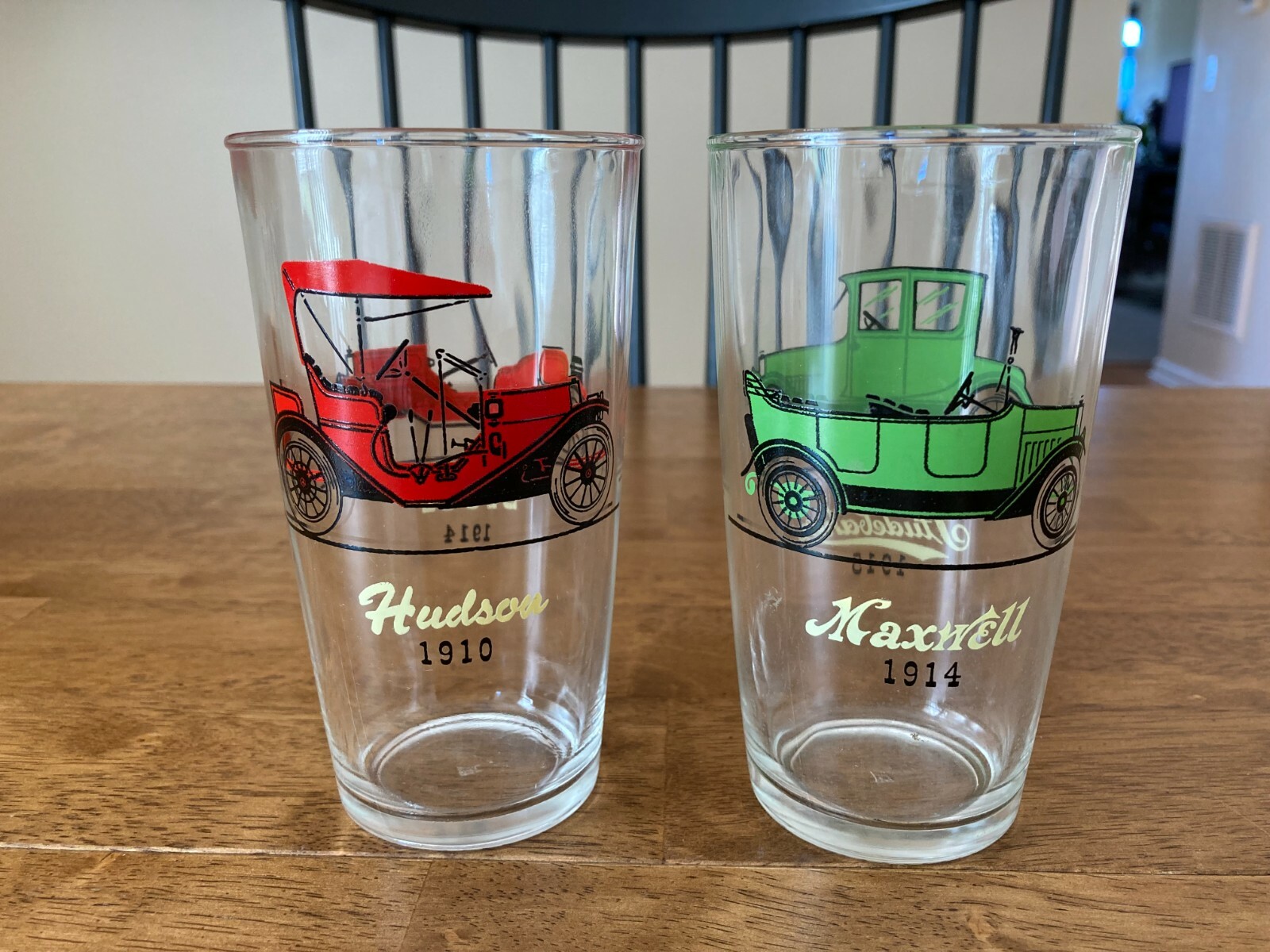 Vintage Antique Car Drinking Glass Set Studebaker Maxwell Stutz Hudson