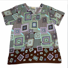 Tafford Scrub Shirt Sz S Small Purple Green Brown Geometric Nurse Vet Tech Xray