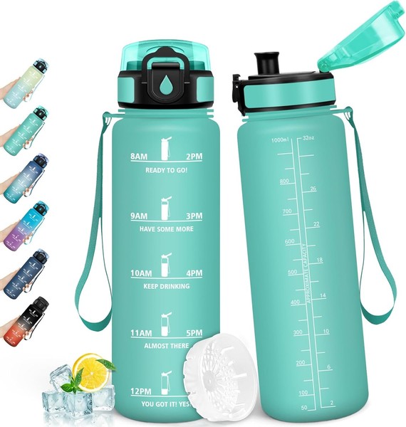 Trinkflasche 1L, Auslaufsicher Mit Zeitmarkierung, Wasserflasche, Sportflasche-image
