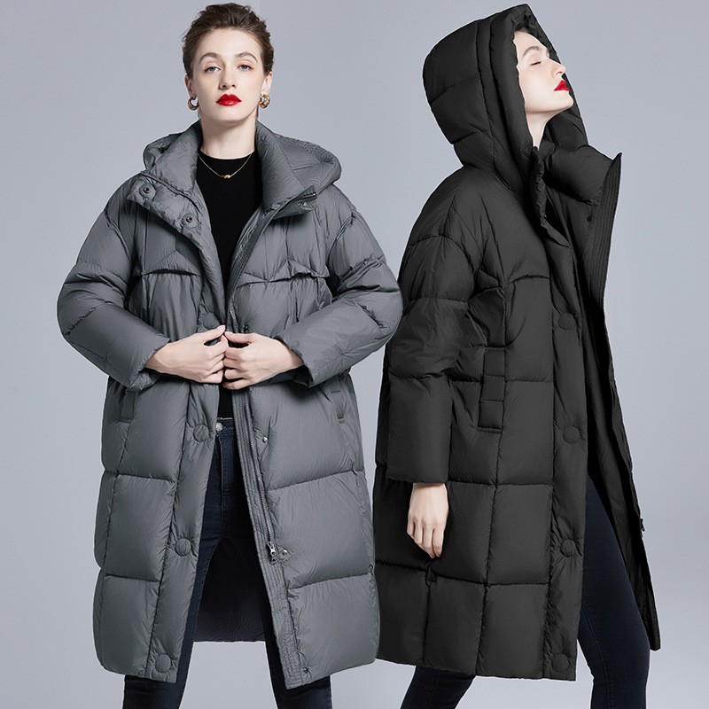 New Women's Long Loose Thickened Warm Hooded 90% White Duck Down Jacket Fashion