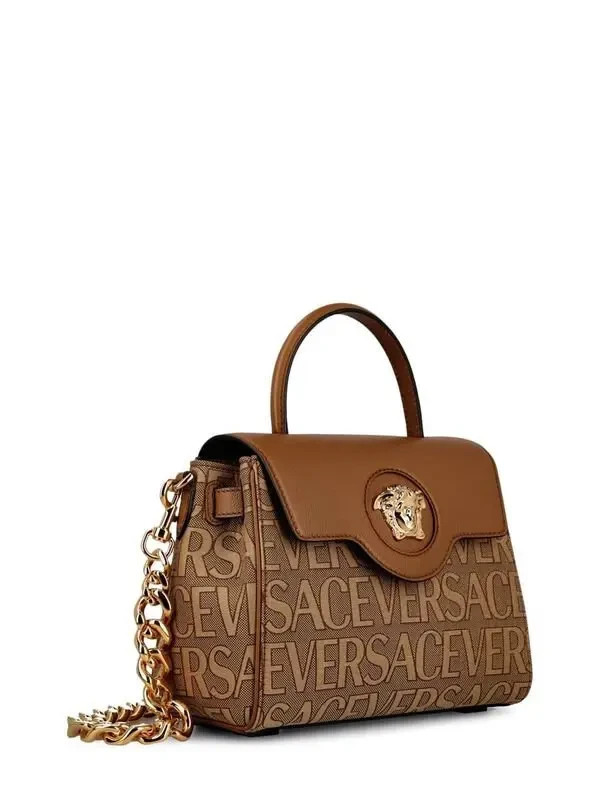 Versace Vintage La Medusa Monogram Canvas Top Handle Bag Brown Gold Hardware