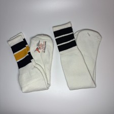 2 Vintage Extra Long White Striped Tube Socks ORLON NYLON Fits 10-14 Cushion