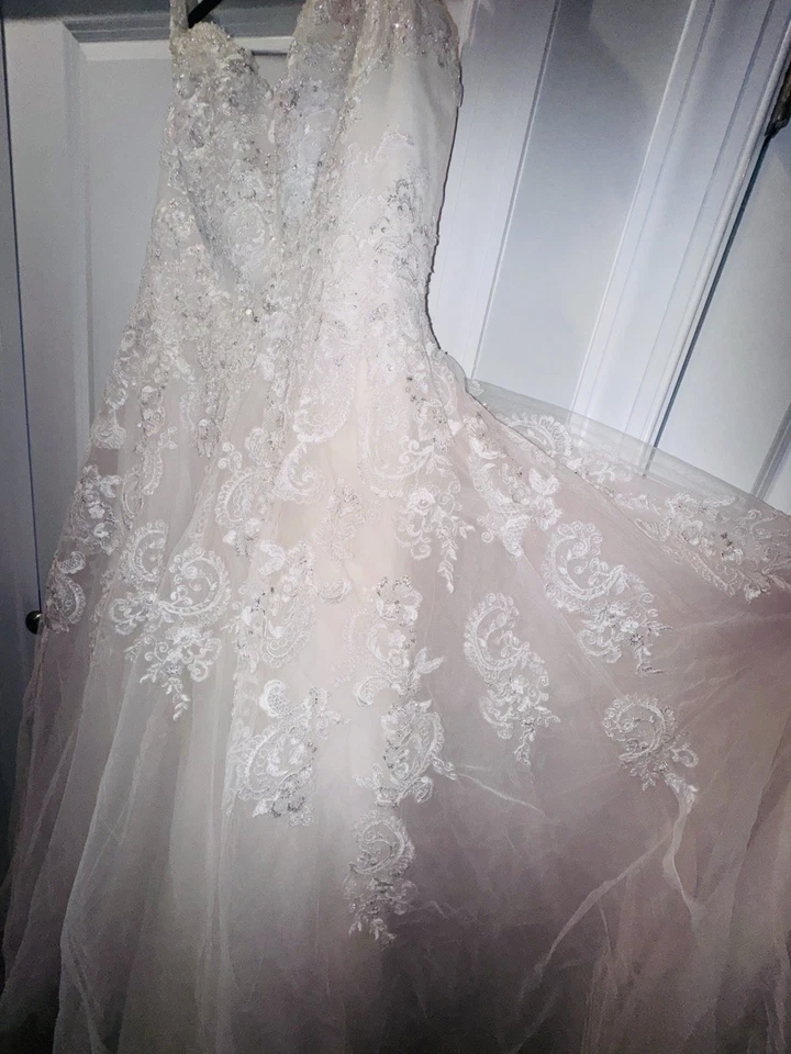 Vestido de novia con cuentas fuera del hombro con superposición de malla transparente y mini tren talla 16W Foto 3 de 4