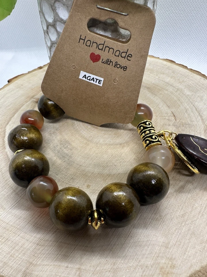 Pulsera de cuentas de madera de piedra natural de ágata Foto 2 de 4