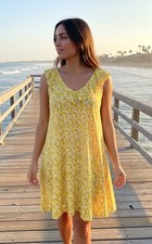 Loft Outlet Yellow Pineapple Print Ruffle Sleeveless Shift Dress Stretch Size M