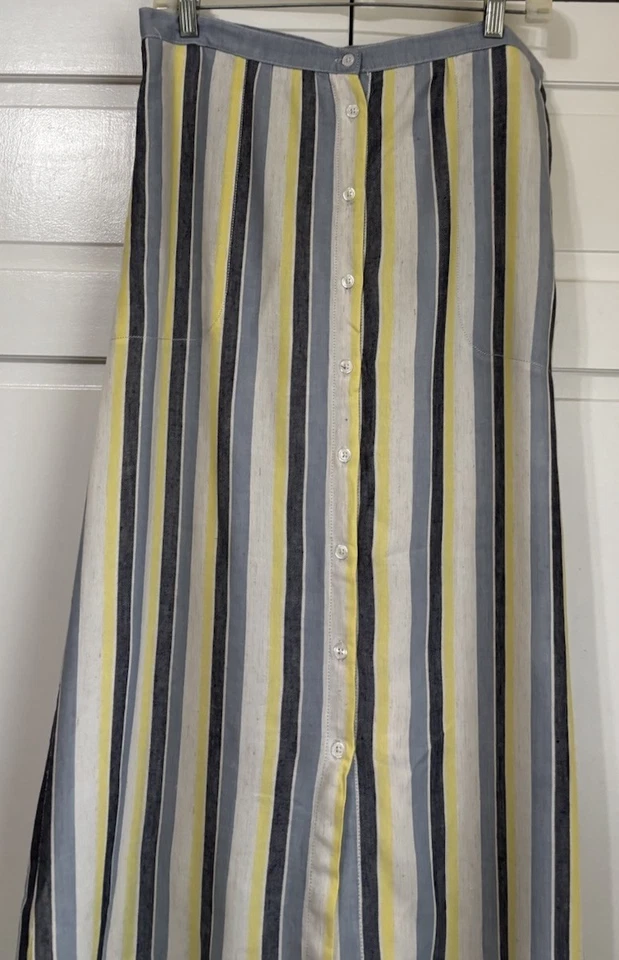 Falda midi Max Studio mezcla de lino botón frontal amarillo azul gris a rayas mediana Foto 2 de 4
