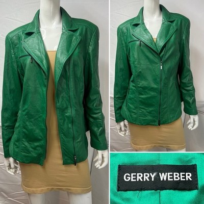 Gerry Weber Women s US 16 Green Lamb Leather Moto Biker Jacket
