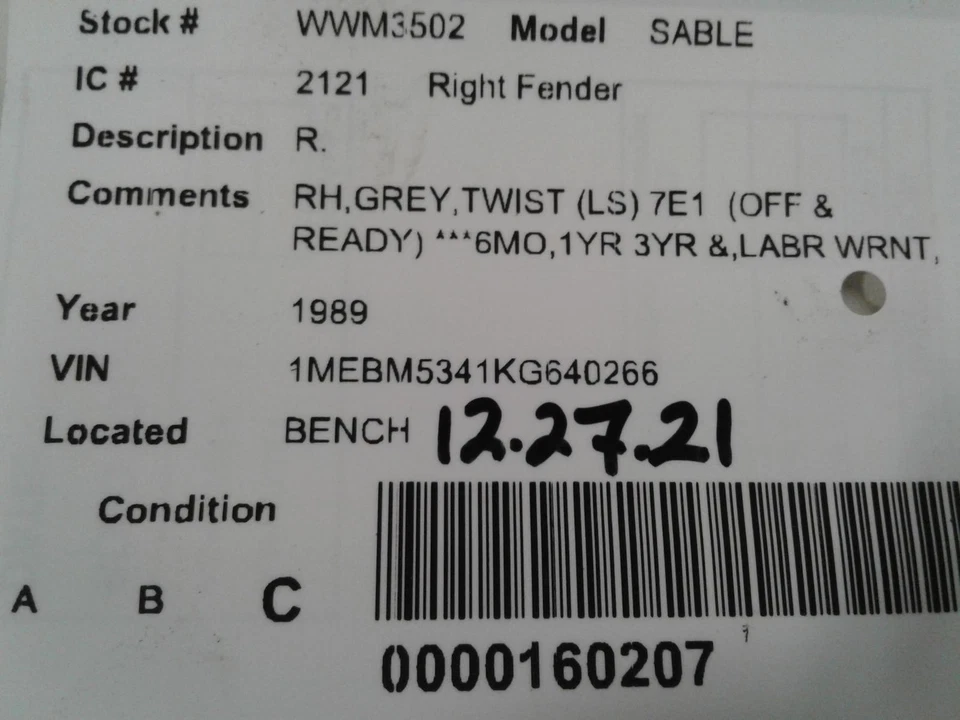 Used Front Right Fender fits: 1989 Mercury Sable Front Right Grade C Foto 4 de 4