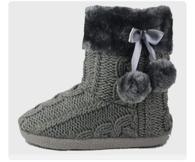 Womens Ladies Grey Knitted Slipper Boots Bootie With Pom Poms Size