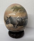 African Handmade Decoupage Painted Rhino Rhinoceros Ostrich Egg w/ Carved Stand
