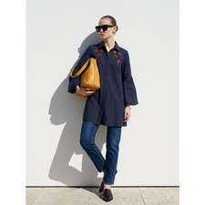 Zara Navy Embroidered Floral Puff Sleeve Button Up Women's M Mini Shirt Dress