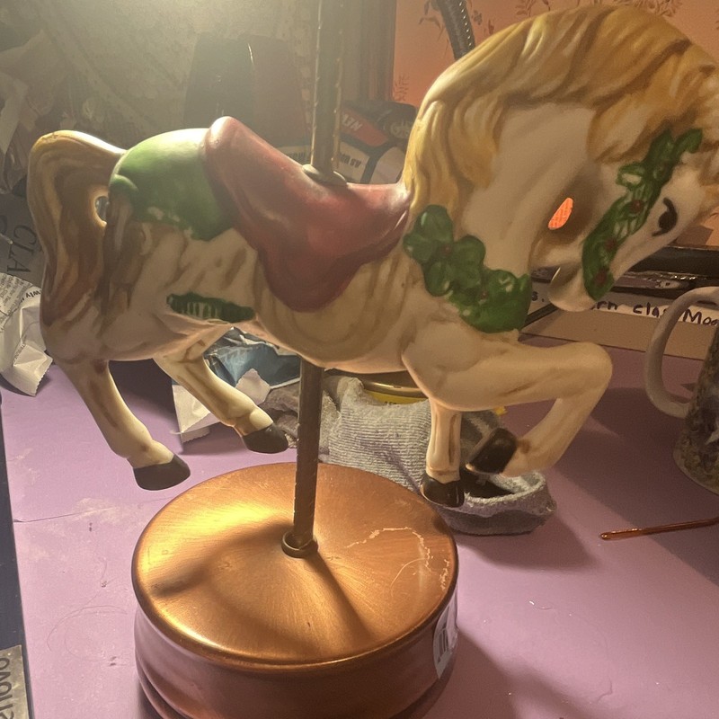 Hand Painted Ceramic Carousel Horse Figurine on Pole, Round Base musicbox
