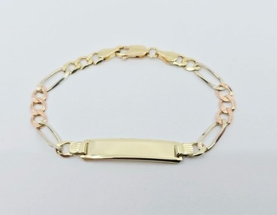 Beautiful 14K Tri Tone Multi Color Gold Designer Figaro Link ID Bracelet - 6'' L
