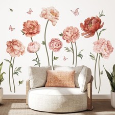 wondever Pink Peony Rose Flower Wall Stickers Boho Floral Peel and Stick Wall