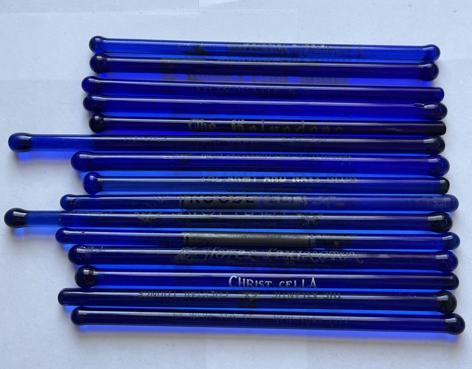 Vintage Set of 15 COBALT BLUE GLASS SWIZZLE STICKS Cocktail Stirrers Advertising