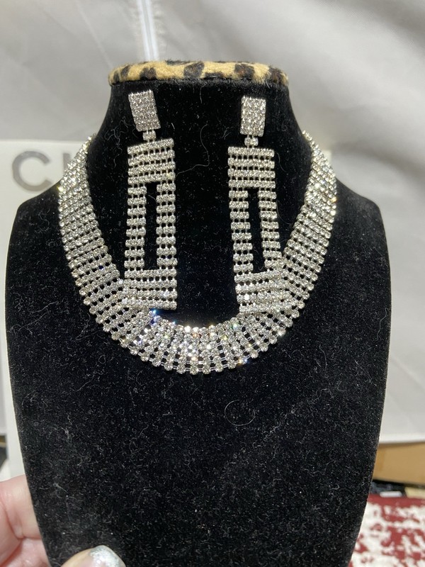 Rhinestone Collar Necklace And Pierced, Dangle Earrings, Silver Tone