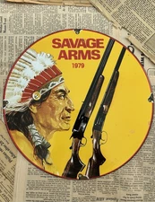 VINTAGE 1979 SAVAGE ARMS AMMUNITION ADVERTISING 12 INCH PORCELAIN ENAMEL SIGN