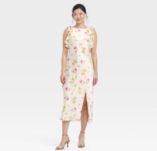 A New Day Floral Ruffle Sleeve Midi Dress Cream Pink Sz Small Sleeveless Slit