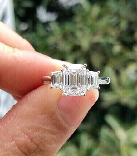 4Ct Emerald Cut Lab Created Three Stone Engagement Ring 14K White Gold Plated - Picture 4 of 8