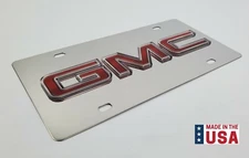 Chrome GMC Emblem Metal Vanity License Plate w/ 3D Red GMC Logo