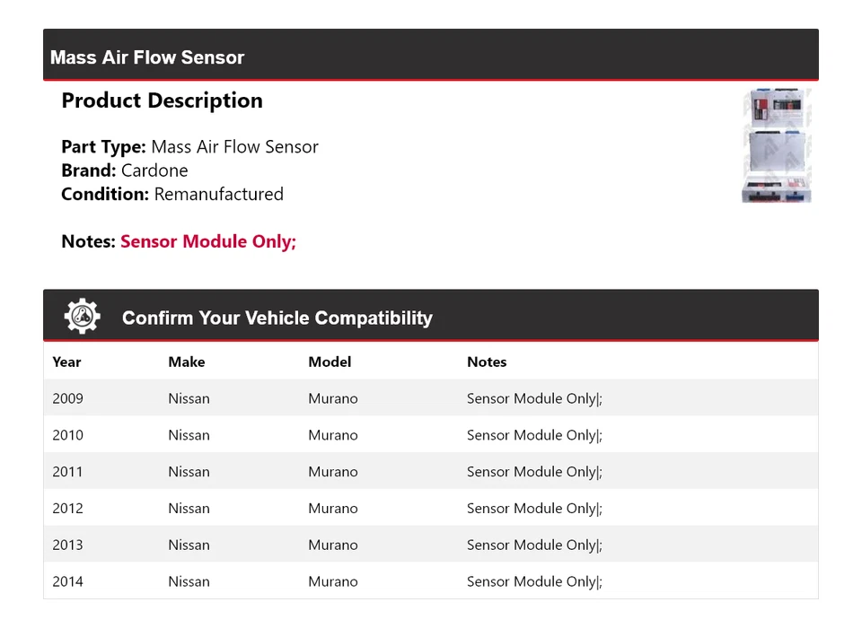Sensor de flujo de aire masivo Cardone para Nissan Murano 2009-2014 2010 2011 2012 2013 Foto 2 de 4