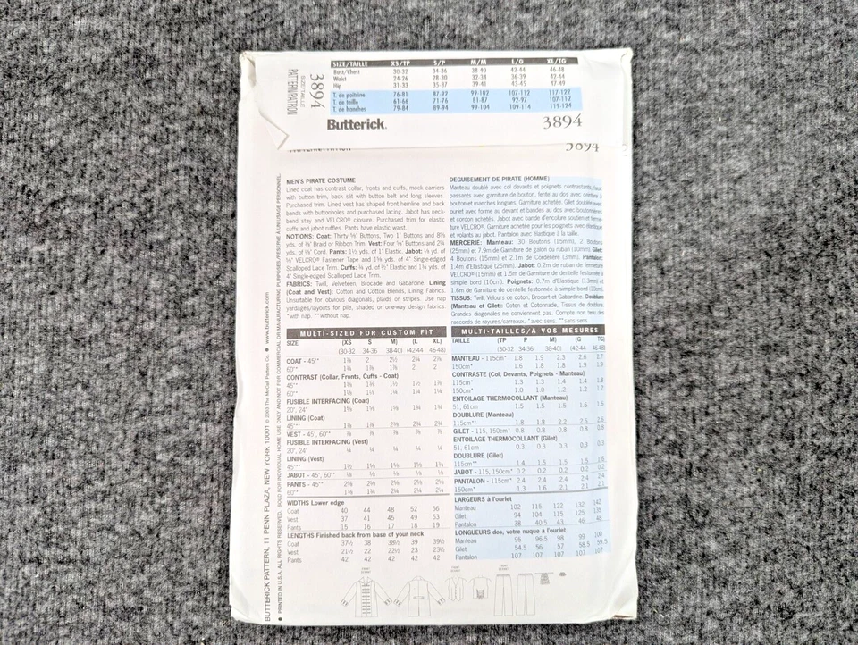 Butterick Pattern 3894 Pirate Buccaneer Mens Coat Vest Pant L XL - Halloween - Image 2 of 3
