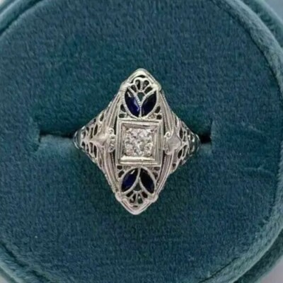 Vintage Art Deco 2.1CT Lab Created Diamond & Sapphire Engagement 925 Silver Ring
