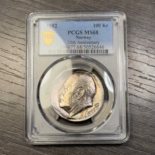 MS68 1982 Norway Olav V Silver 100 Kroner, PCGS Trueview- Rainbow Toned TOP POP