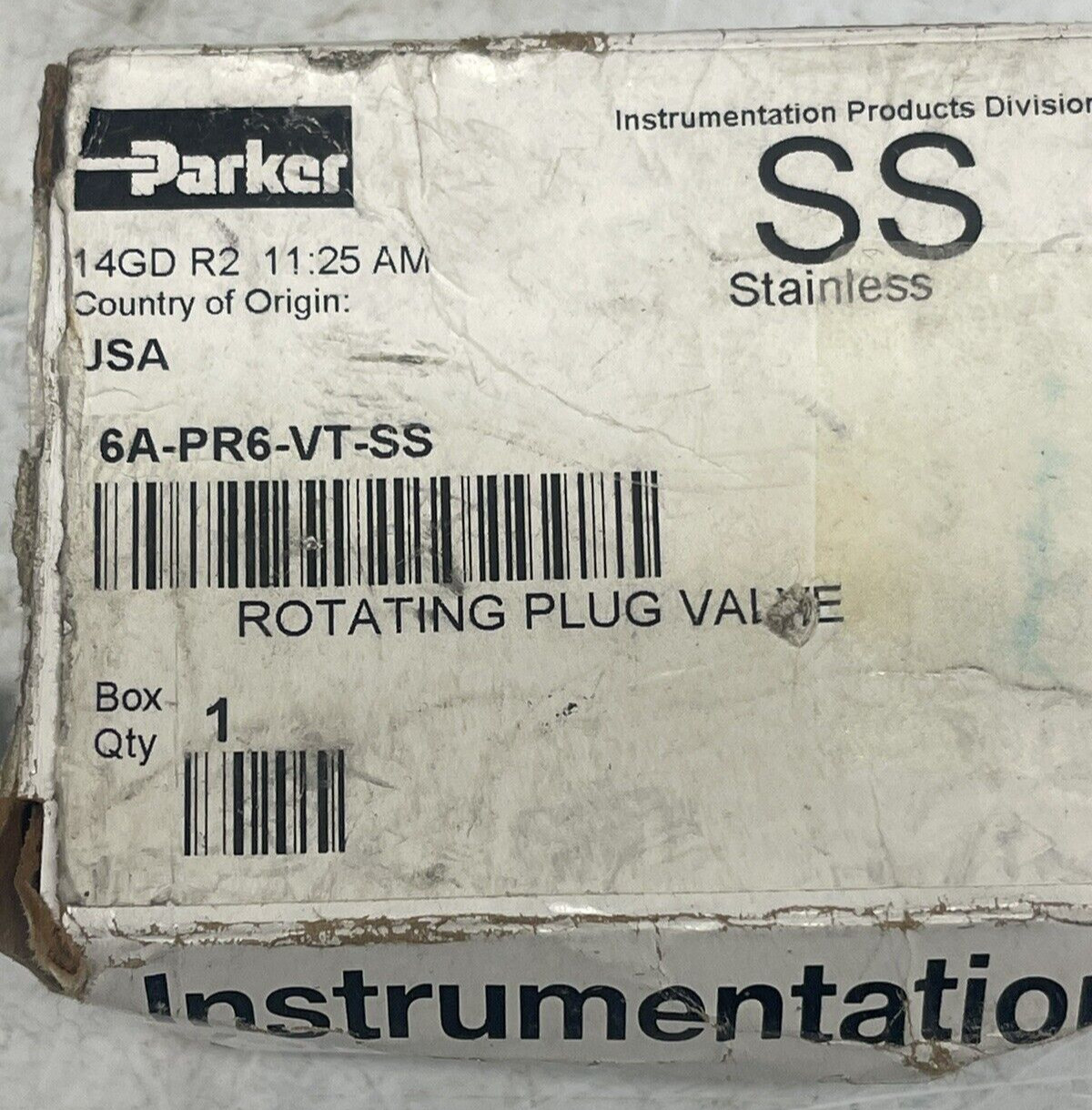 Parker Instrumentation SS 6A-PR6-VT-SS Rotary Plug Valve 3/8" 316 SS 1/4 Turn