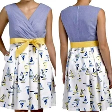 CHETTA B Nautical Sailboat Print Faux Wrap Dress 14