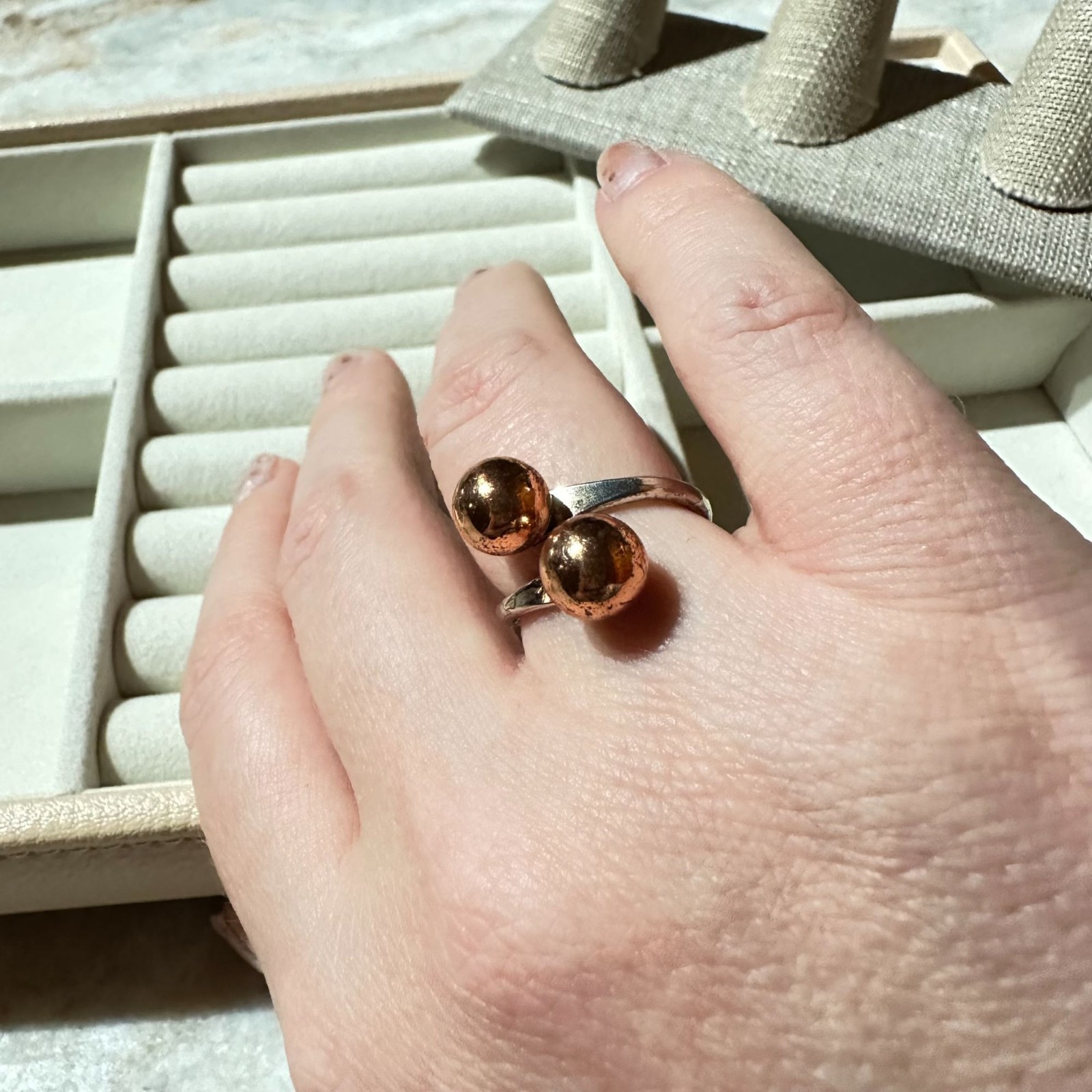 Vintage Silver-Filled Ring Size 6 3/4 Bi-pass Design Dual Copper-Toned Spheres