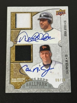 2008 UD Ballpark Dual Swatch Jersey Autograph Derek Jeter/Cal Ripken Jr #08/10