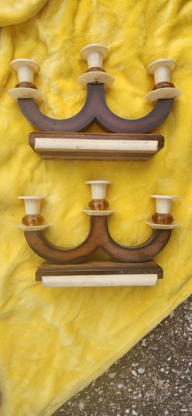PAIR Art Deco Wood & Beige  Bakelite w/ Orange Glass Candlesticks 3 Candles Ea