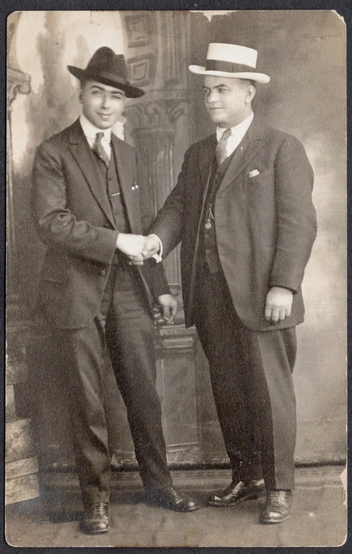 SHYSTER GANGSTER MEN SHAKE HANDS on DIRTY DEAL ~ 1910s RPPC PHOTO gay