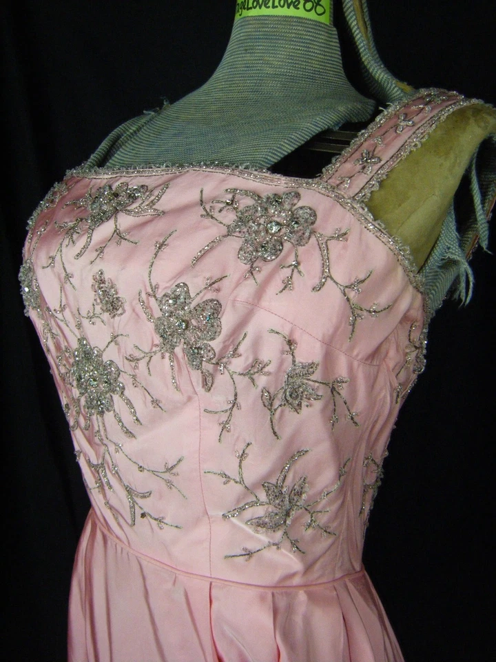 RAPPI Vtg 50s Pink Silver Heavy Beaded Floral Party Dress-Bust 33/2XS - Image 3 of 4