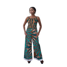 Women 2 Piece Outfits African Sleeveless Smocked Crop Tops Wide Leg Pants Sets