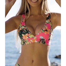 KAMONI PUSH UP TROPICAL PRINT V NECK BANDED LOW WAIST BIKINI TOP M NWT