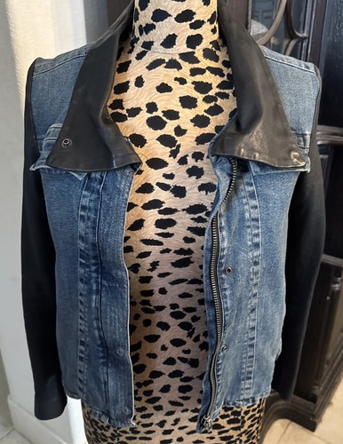 Helmut Lang, Giacca Helmut Lang nera pelle sporca vintage lavaggio blu denim piccola