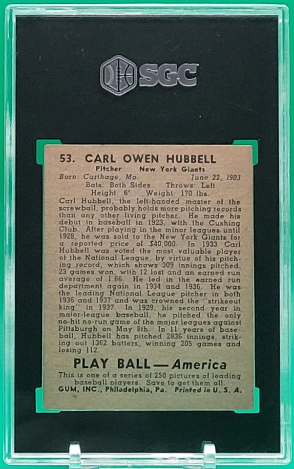 🔥1939 Play Ball #53⚡️ CARL HUBBELL ✨️SGC 5 EX ⚾️HOF⚾️ New York Giants🏟 Foto 2 de 3