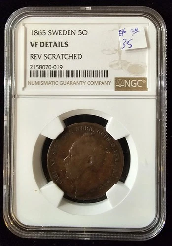 1865 SWEDEN 5 ORE - NGC VF Details