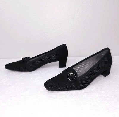 Stuart Weitzman Pumps Women 8.5 M Black Perforated Heels Buckle Square Snub Nose