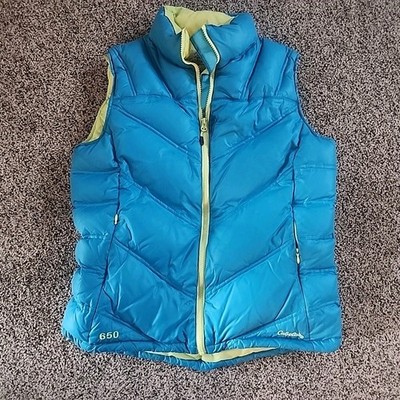 Cabelas Down Vest Women Small Blue 650 Fill Insulated Lightweight Full Zip Puff