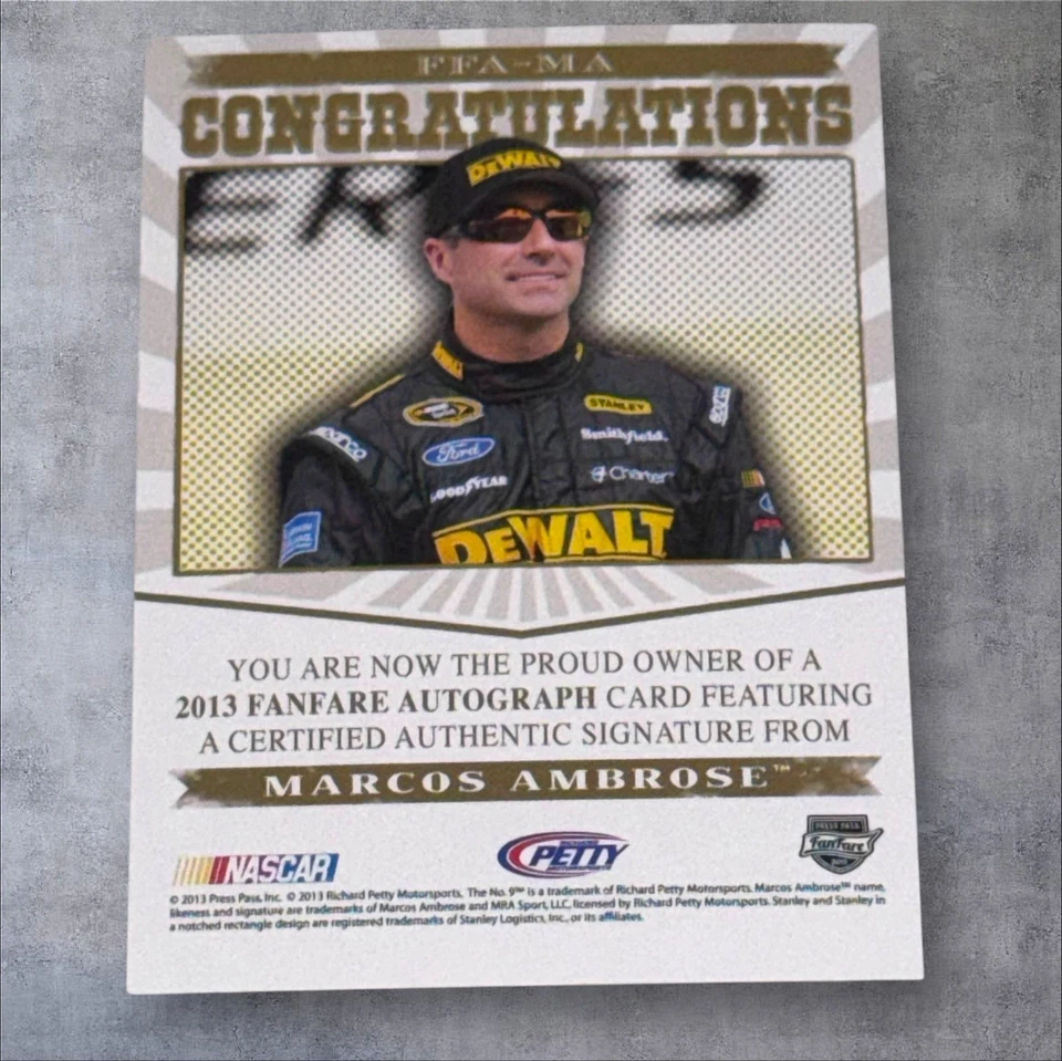 Marcos Ambrose PACK PULLED NASCAR signed card 2013 PRESS PASS FANFARE AUTOS 5/10 - Image 2 of 2