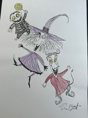 tim burton drawing and painting on old paper signed stamped vintage