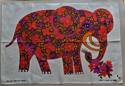 Vintage unused Oxfam Irish linen tea towel Belinda Lyon Pink Elephant