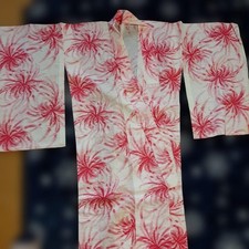 Yukata set with white floral pattern and navy floral pattern, with a red obi
